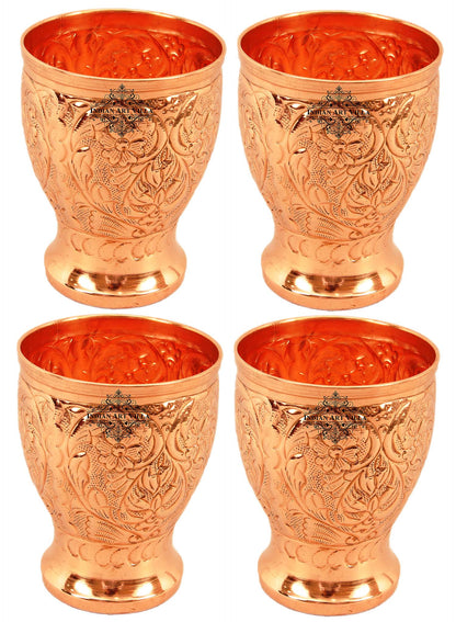 Pure Copper Big Glass with Embossed Flower Design, 350ml