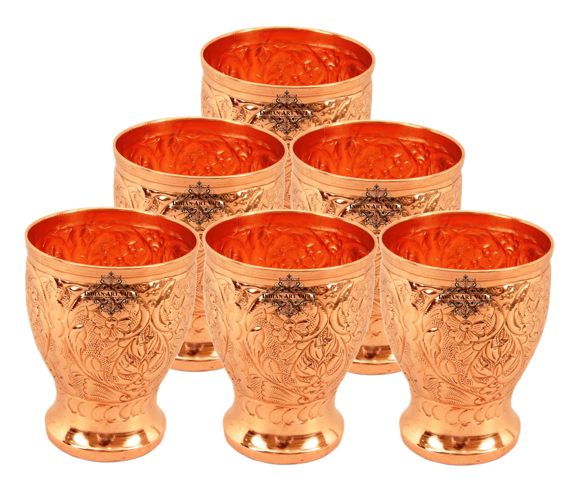 Pure Copper Big Glass with Embossed Flower Design, 350ml
