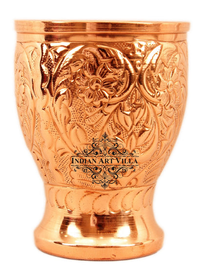 Pure Copper Big Glass with Embossed Flower Design, 350ml