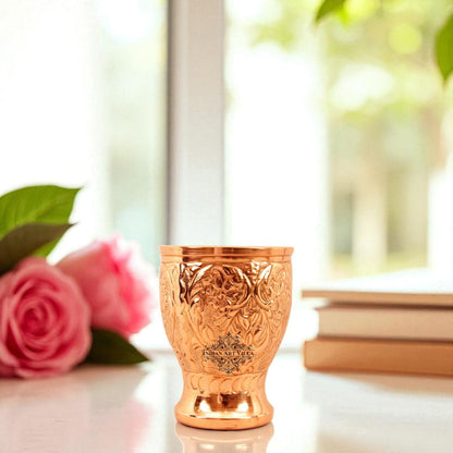 Pure Copper Big Glass with Embossed Flower Design, 350ml