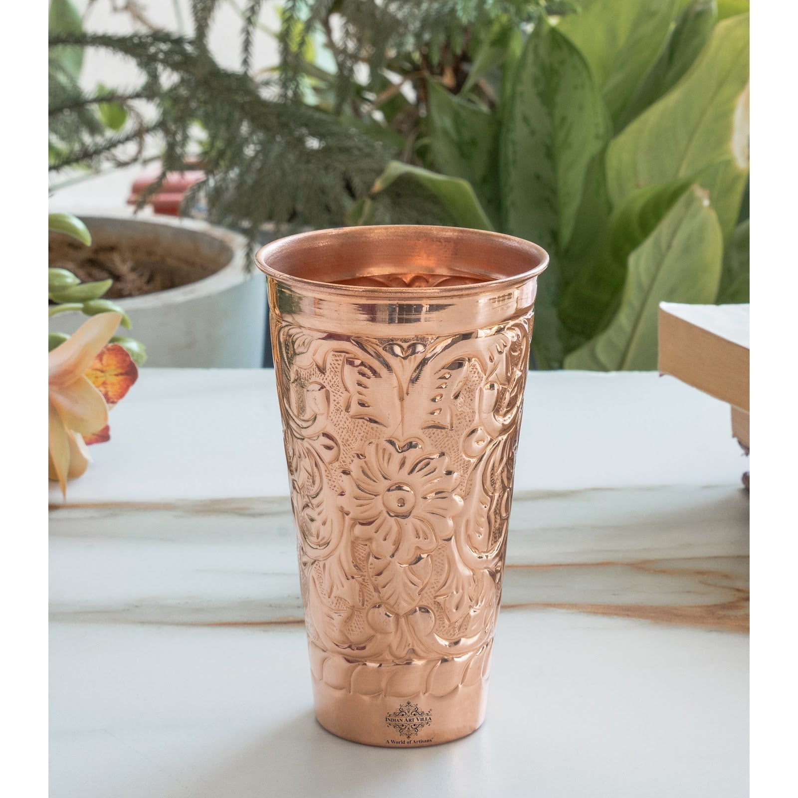 Pure Copper Handcrafted Embossed & Hammered Glass 525 ML
