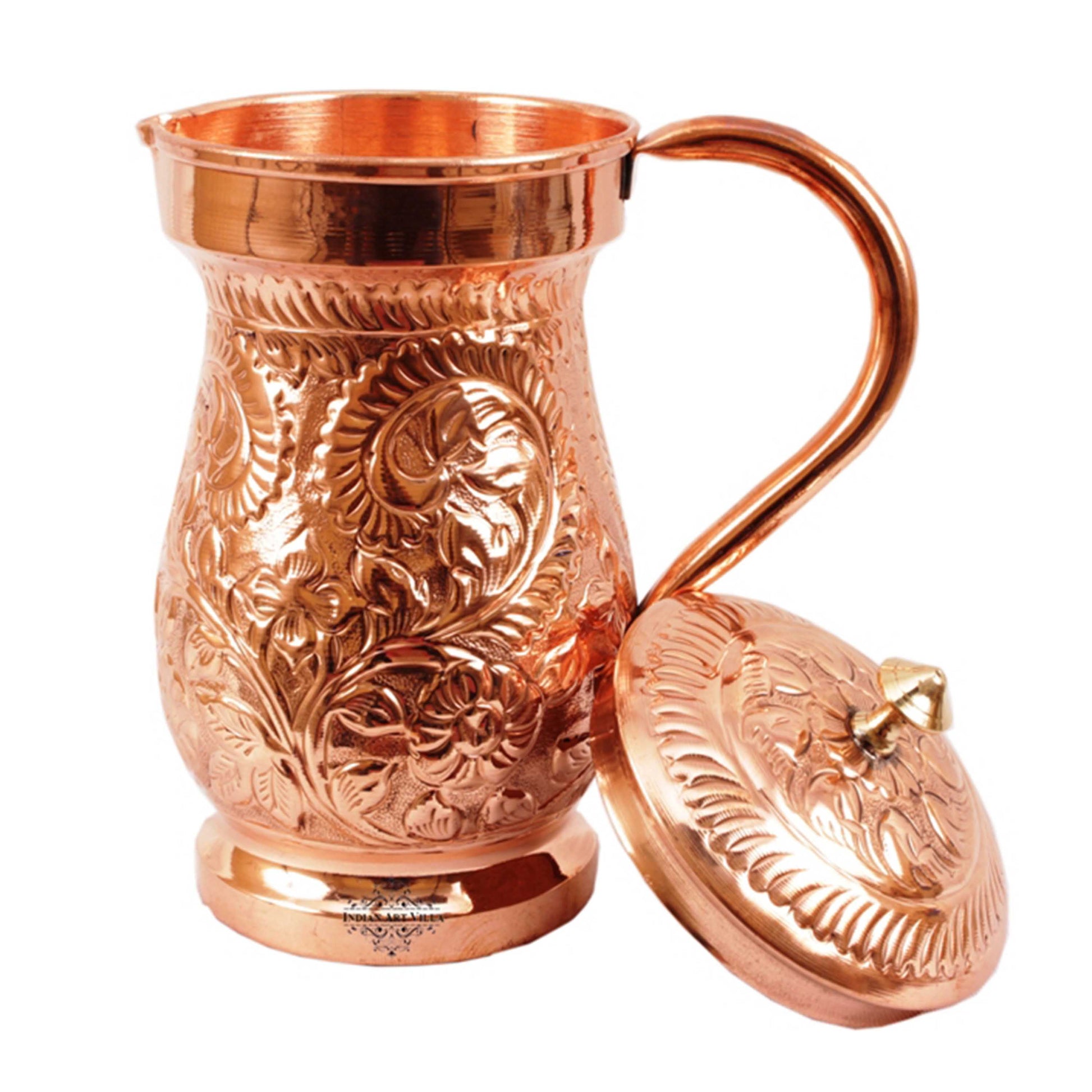 Handcrafted Pure Copper Jug Pitcher with Brass Knob, Brown Color, 1500ML