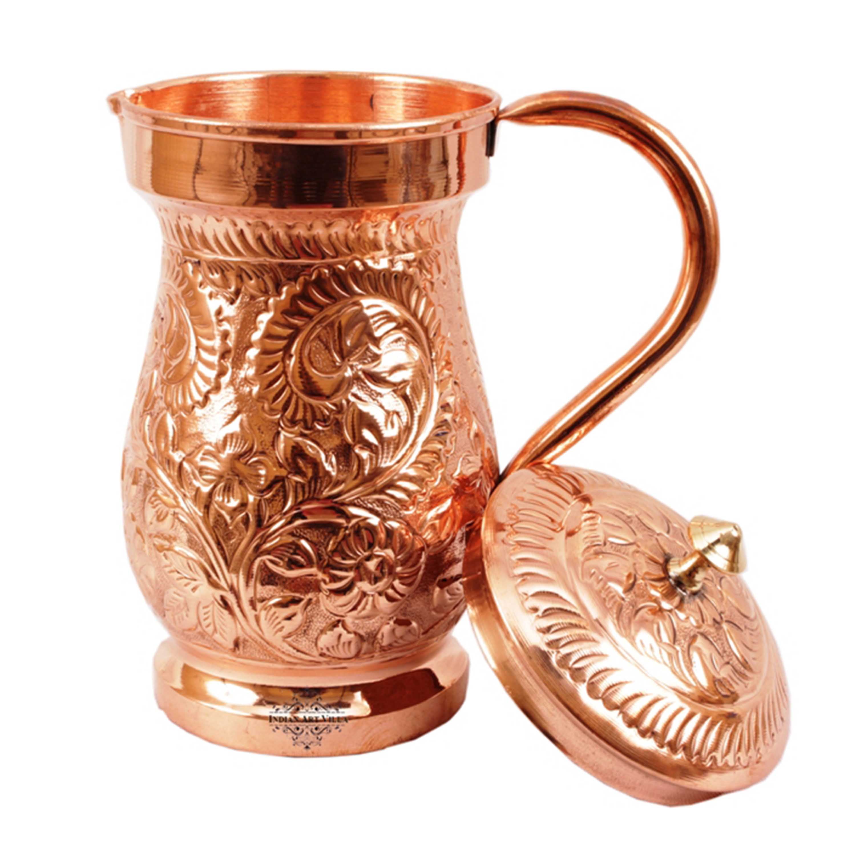 Handcrafted Pure Copper Jug Pitcher with Brass Knob, Brown Color, 1500ML