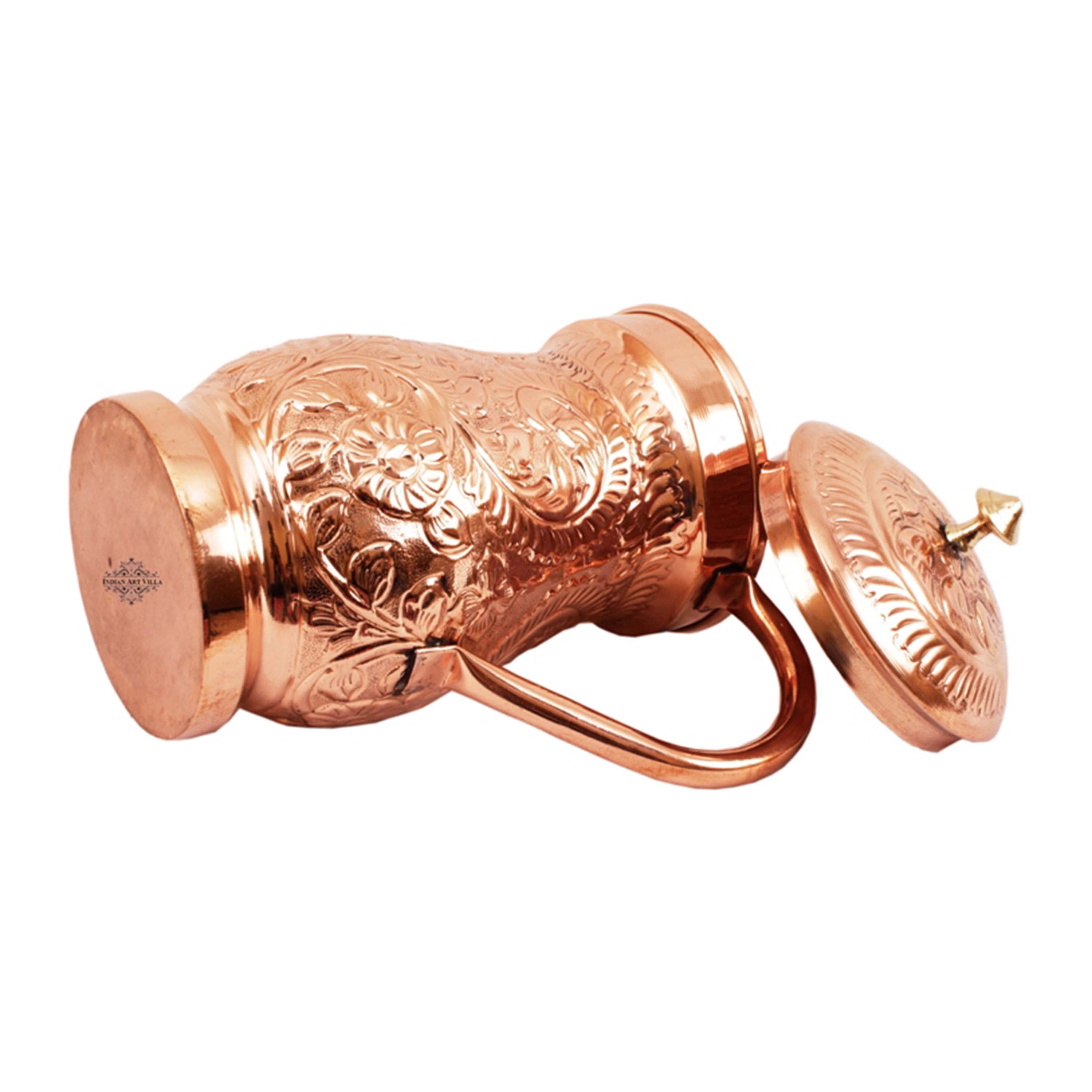 Handcrafted Pure Copper Jug Pitcher with Brass Knob, Brown Color, 1500ML