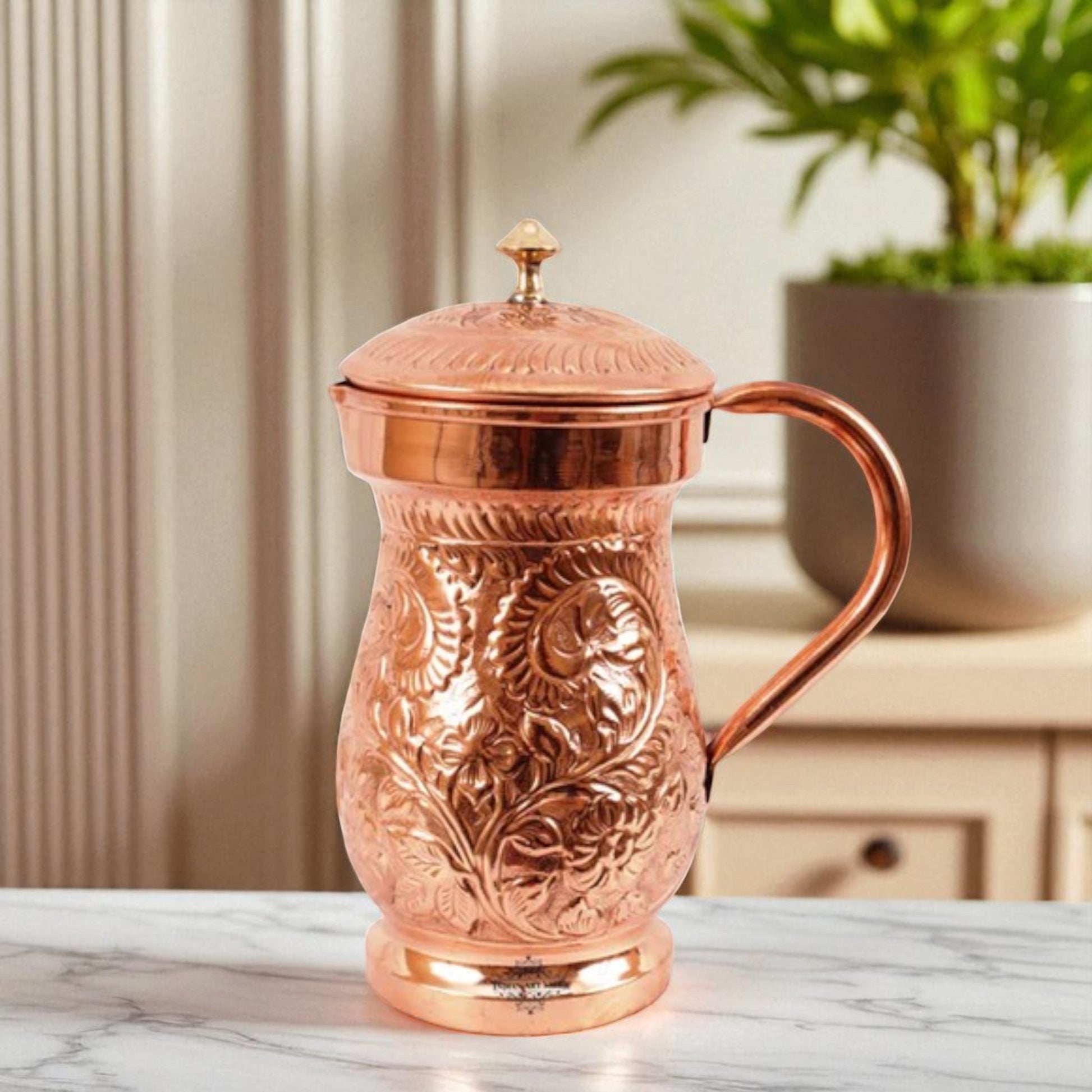 Handcrafted Pure Copper Jug Pitcher with Brass Knob, Brown Color, 1500ML