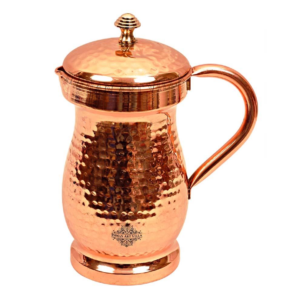 Pure Copper Hammered Maharaja Style Jug With Brass Knob on Lid-1350 ML
