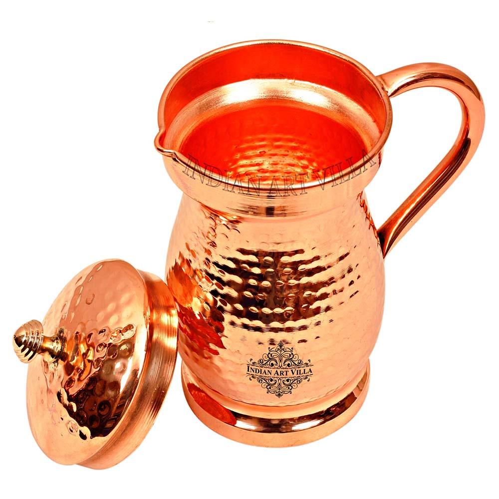 Pure Copper Hammered Maharaja Style Jug With Brass Knob on Lid-1350 ML