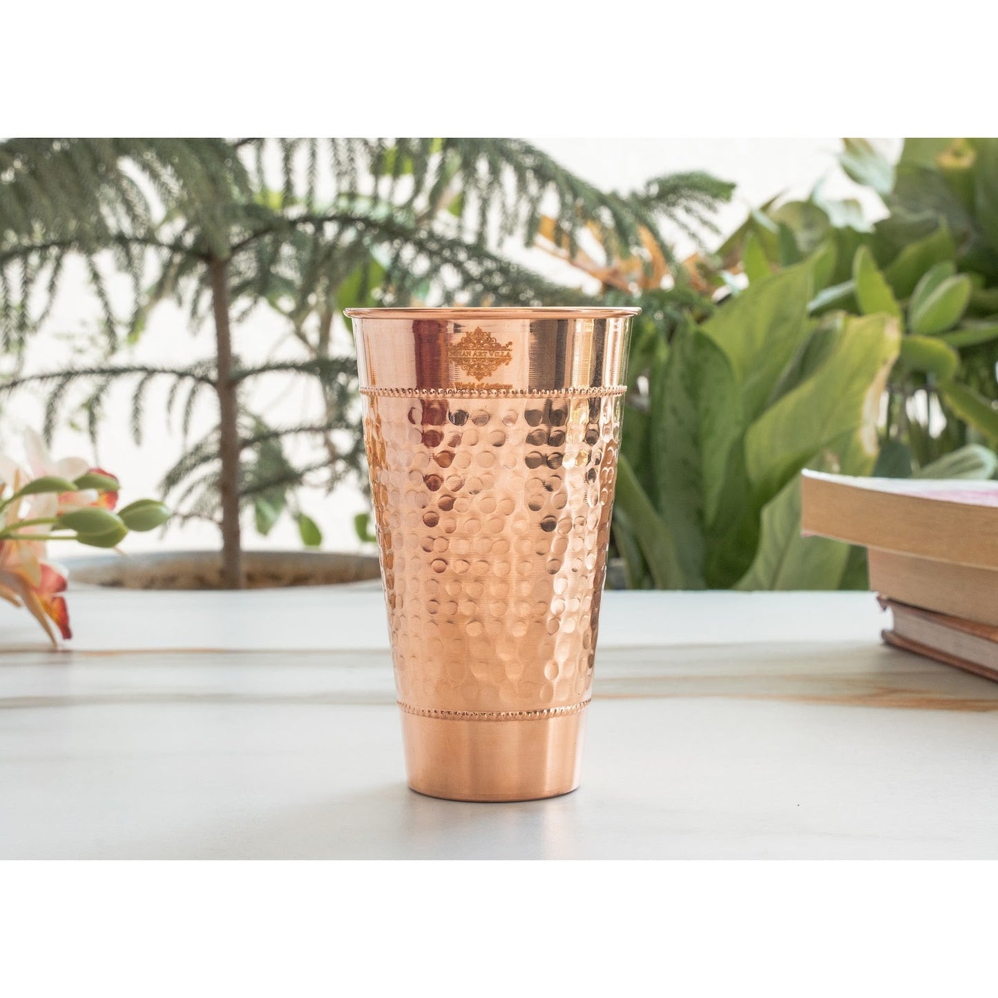 Pure Copper Hammered Design Big Lassi Glass with 2 Rings- 700 ML