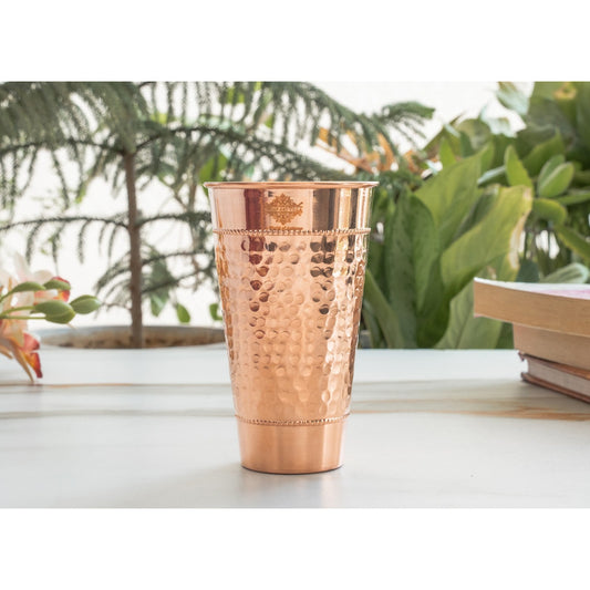 Pure Copper Hammered Design Big Lassi Glass with 2 Rings- 700 ML