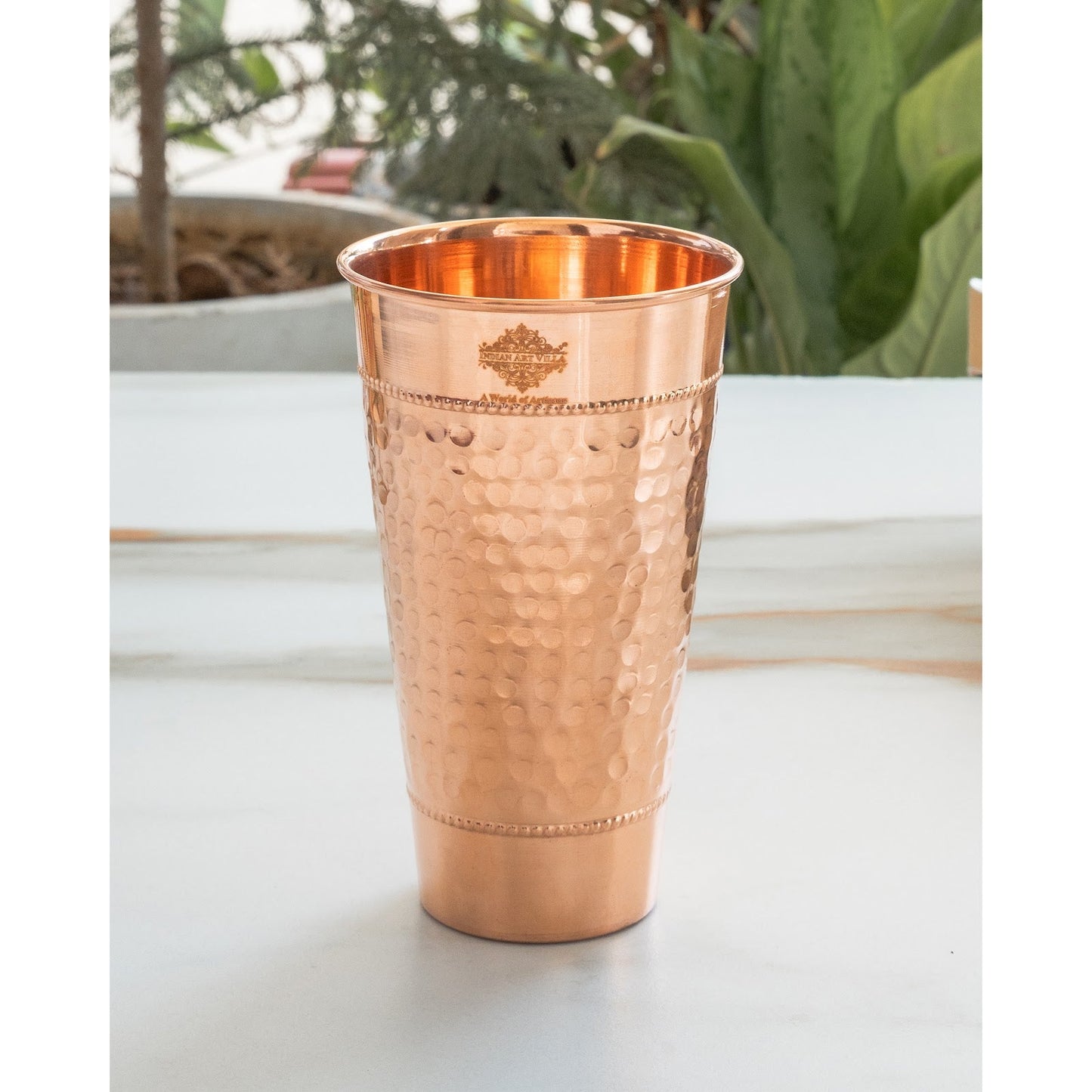 Pure Copper Hammered Design Big Lassi Glass with 2 Rings- 700 ML