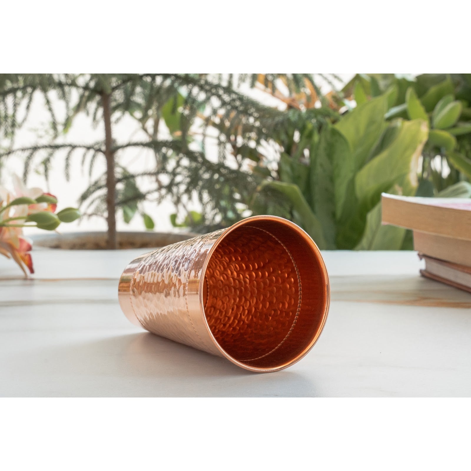 Pure Copper Hammered Design Big Lassi Glass with 2 Rings- 700 ML