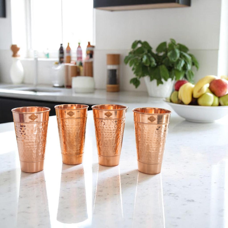 Pure Copper Hammered Design Big Lassi Glass with 2 Rings- 700 ML