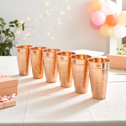 Pure Copper Hammered Design Big Lassi Glass with 2 Rings- 700 ML