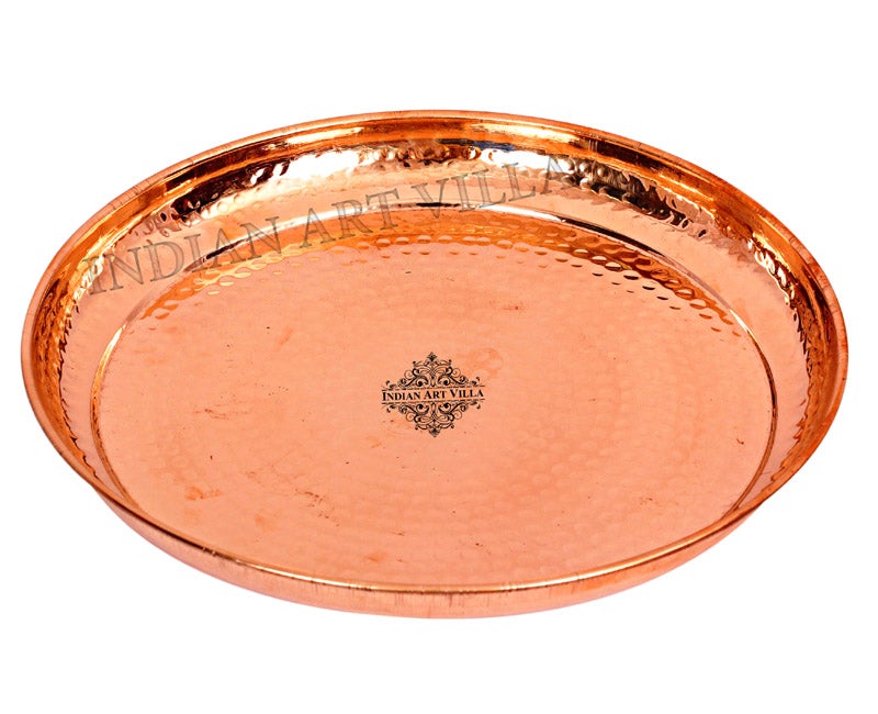 Hammered Copper Dinner Plate Thali, Serving Lunch Dinner, Home Hotel Restaurant, Diameter 27.94 cm, Brown