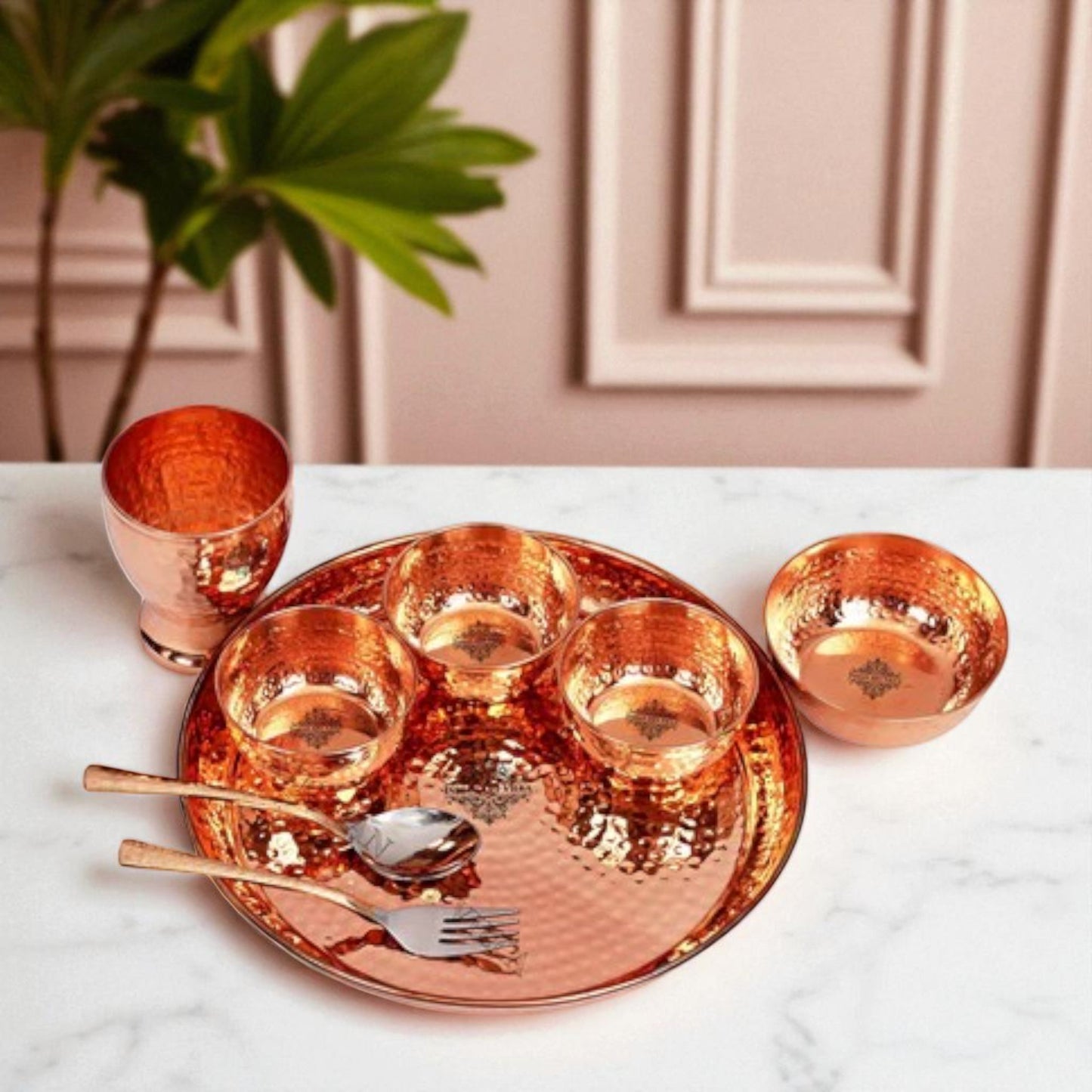 Handcrafted Pure Copper Handmade Hammered Design Thali Dinner Set