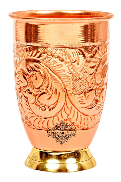 Handcrafted Pure Copper Embossed Design Glass With Brass Bottom