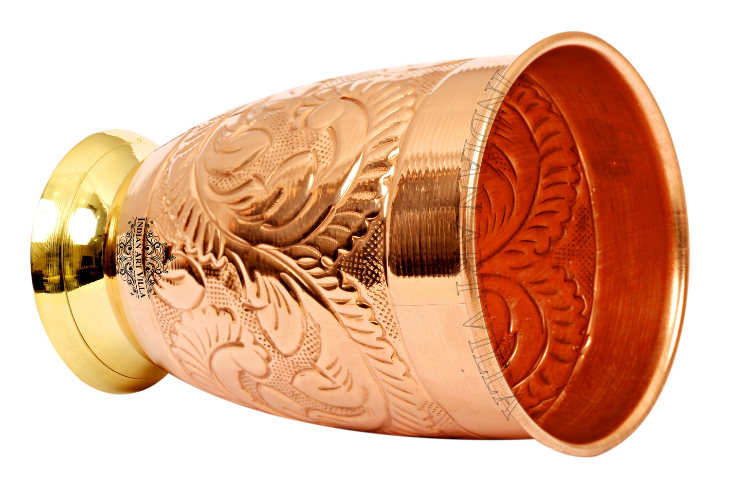 Handcrafted Pure Copper Embossed Design Glass With Brass Bottom