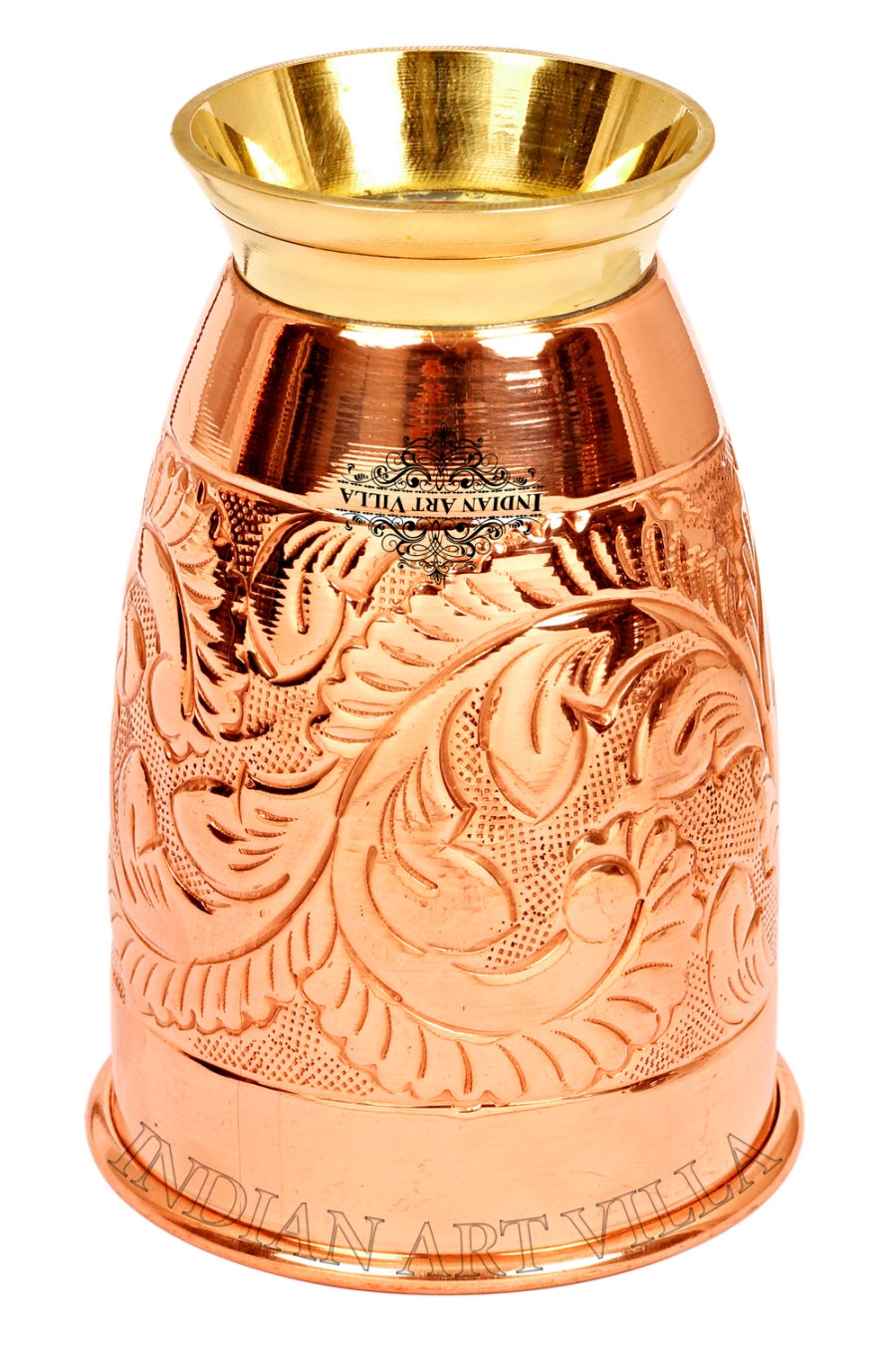 Handcrafted Pure Copper Embossed Design Glass With Brass Bottom