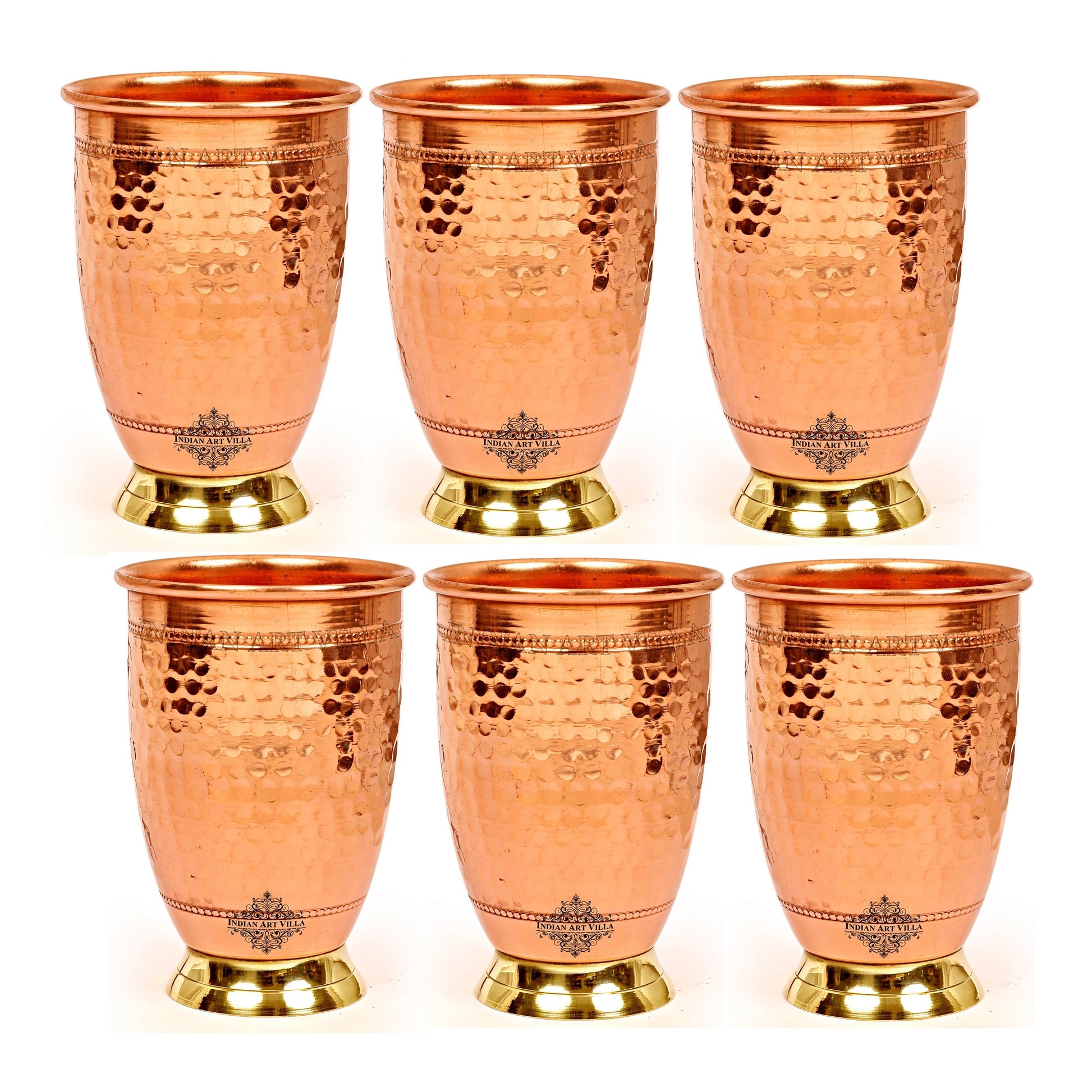 Handcrafted Pure Copper Embossed Design Glass With Brass Bottom