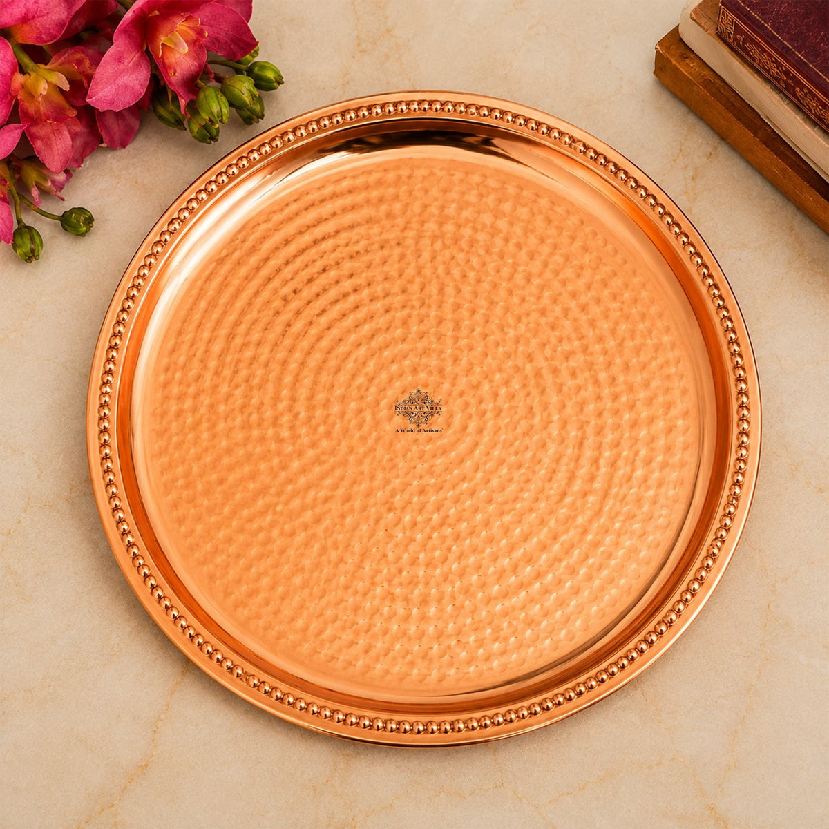Copper Hammered Thali With Raised Edge - 30 CM