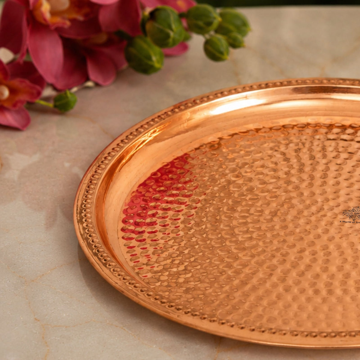 Copper Hammered Thali With Raised Edge - 30 CM
