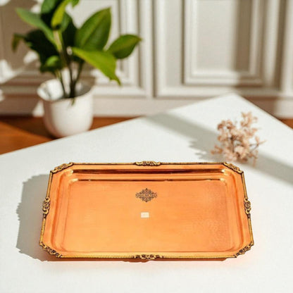 Pure Copper Hammered Rectangular Serving Beeding Tray Serveware Tableware Decorative Gift Item Brown
