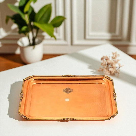 Pure Copper Hammered Rectangular Serving Beeding Tray Serveware Tableware Decorative Gift Item Brown