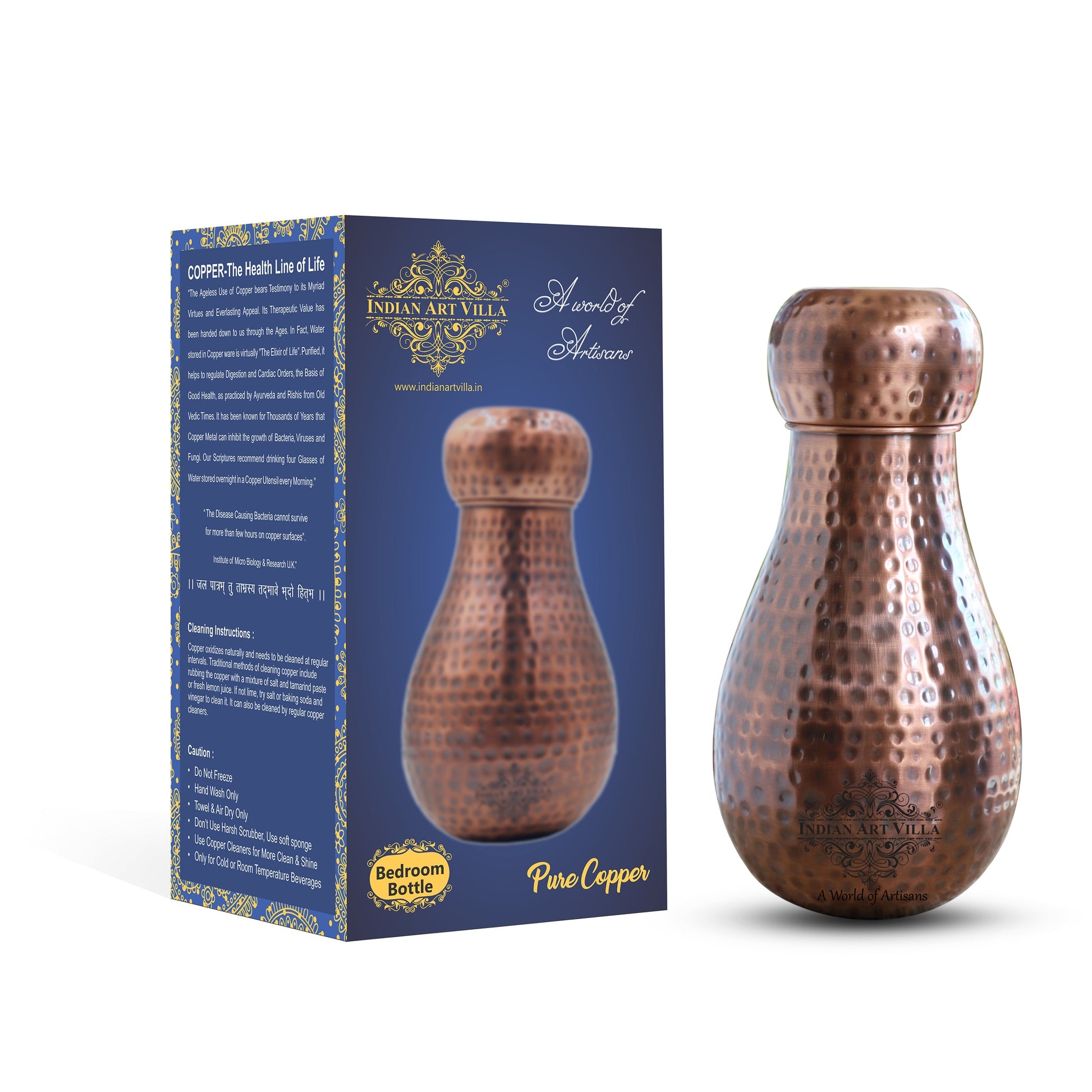 Pure Copper Hammered Design Bedroom Water Bottle with Inbuilt Glass