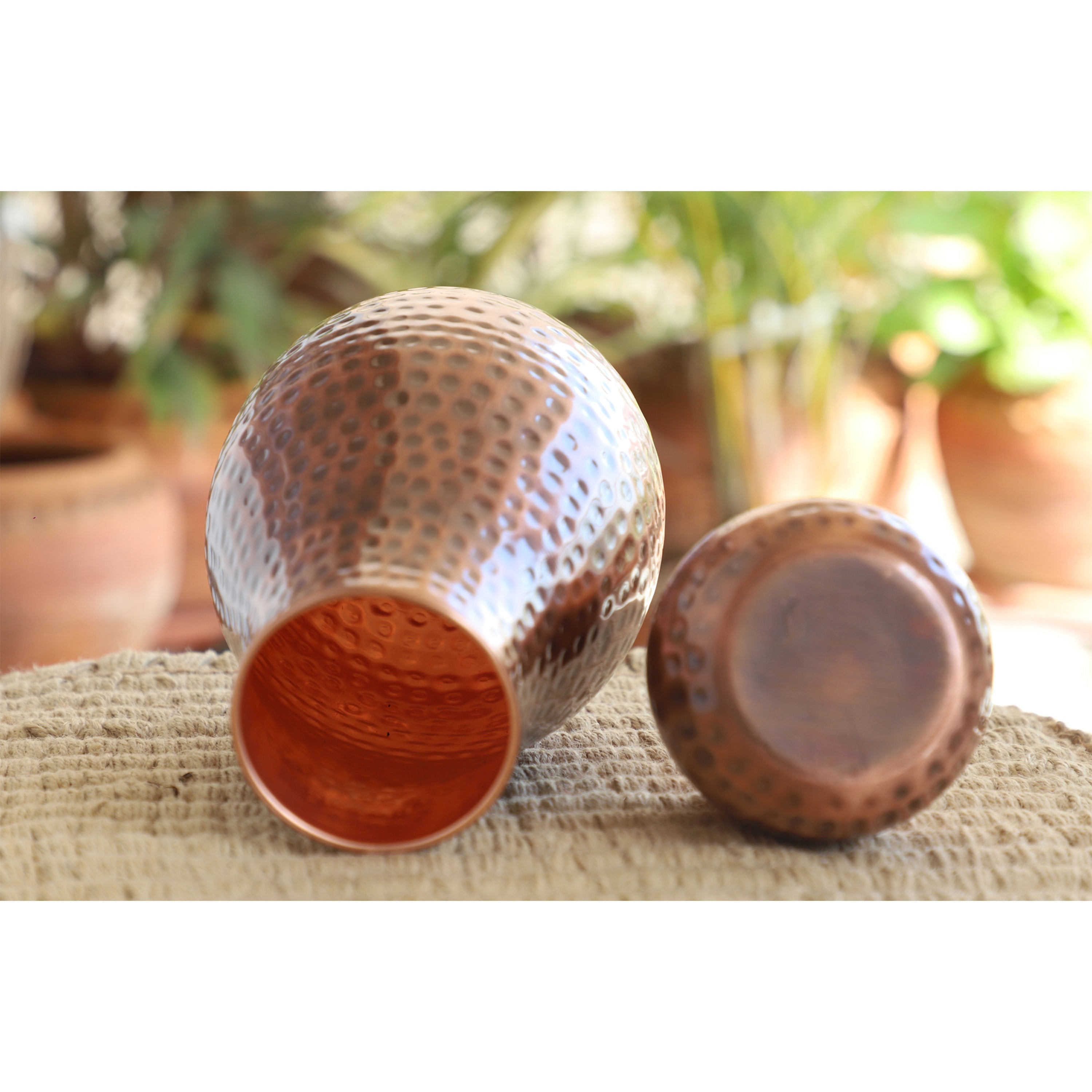 Pure Copper Hammered Design Bedroom Water Bottle with Inbuilt Glass