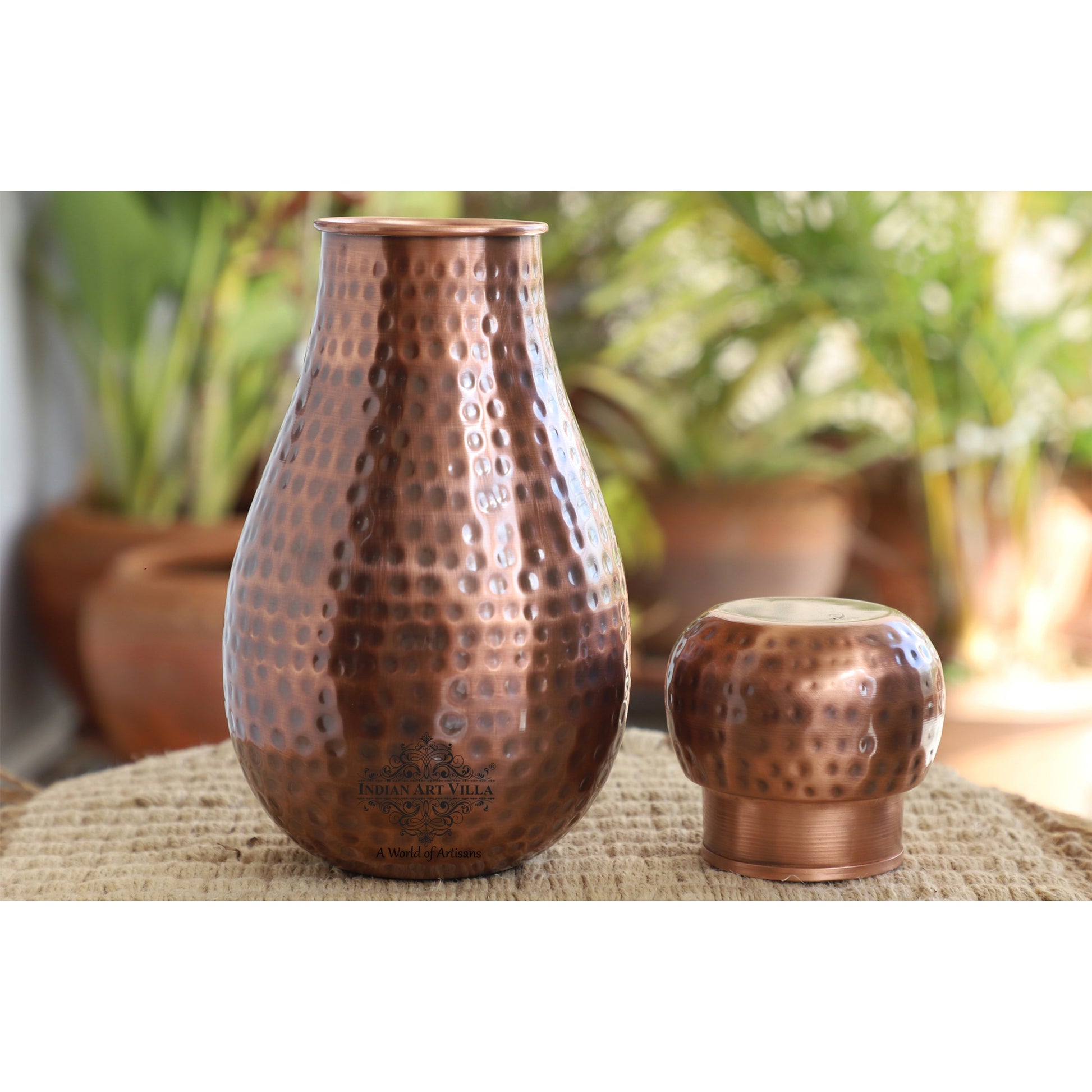 Pure Copper Hammered Design Bedroom Water Bottle with Inbuilt Glass