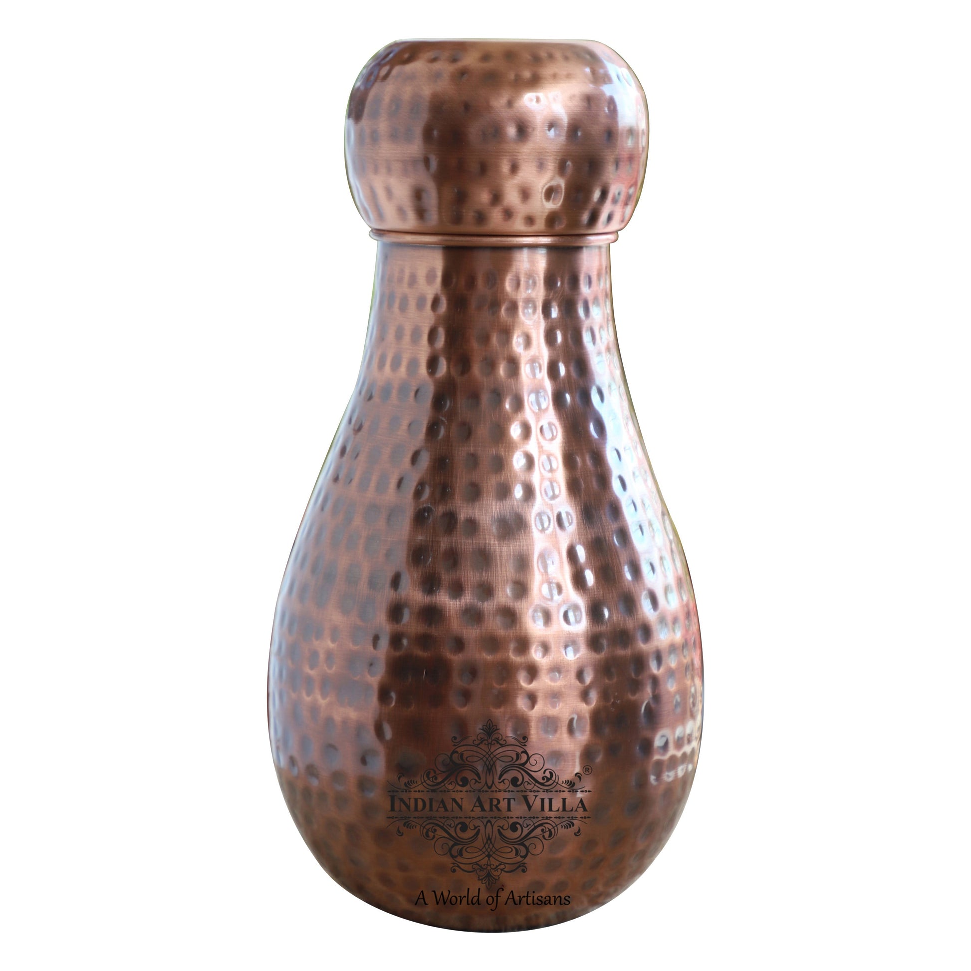 Pure Copper Hammered Design Bedroom Water Bottle with Inbuilt Glass