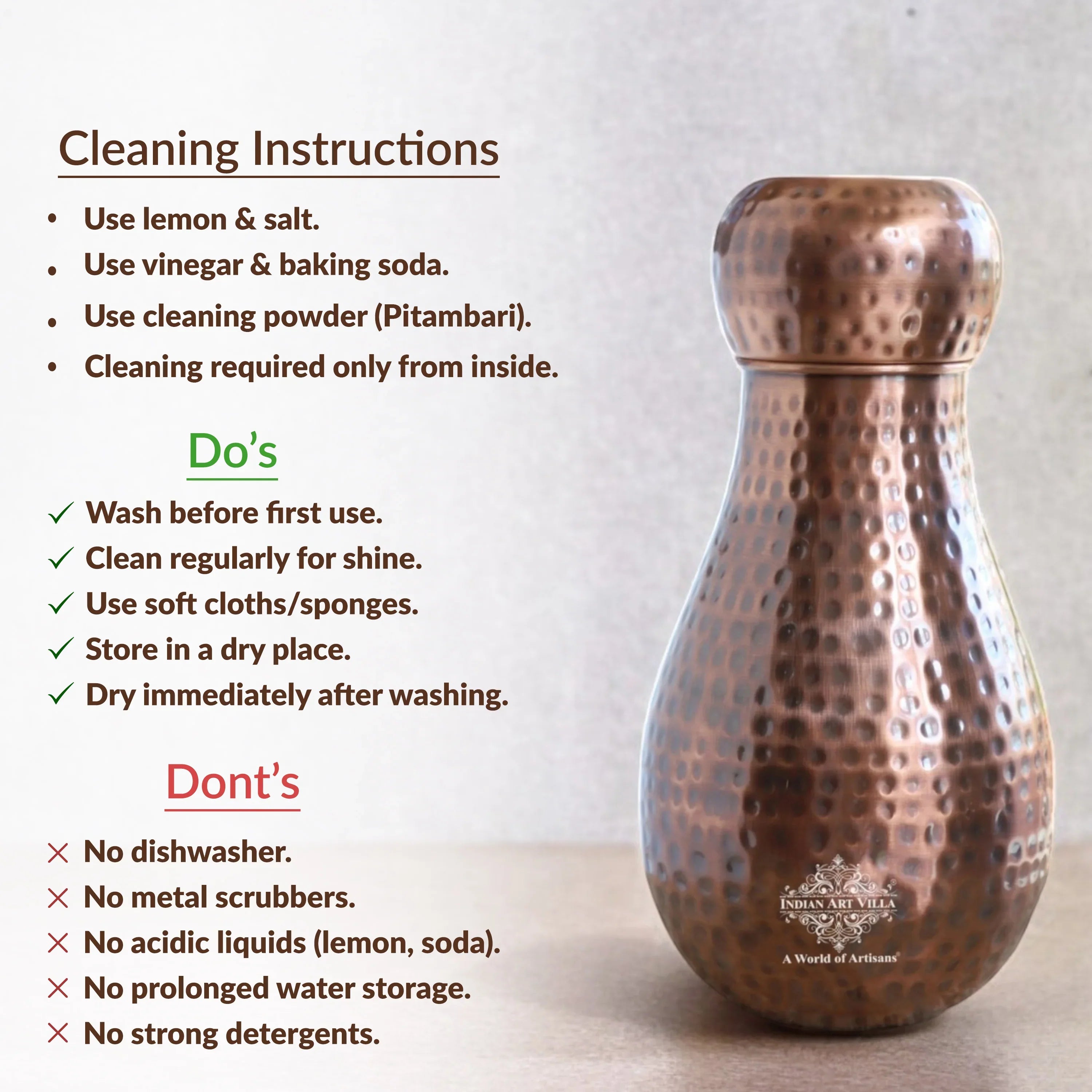 Pure Copper Hammered Design Bedroom Water Bottle with Inbuilt Glass