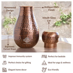 Pure Copper Hammered Design Bedroom Water Bottle with Inbuilt Glass