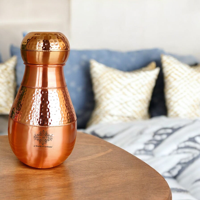 Pure Copper Hammered Design Bedroom Water Bottle with Inbuilt Glass