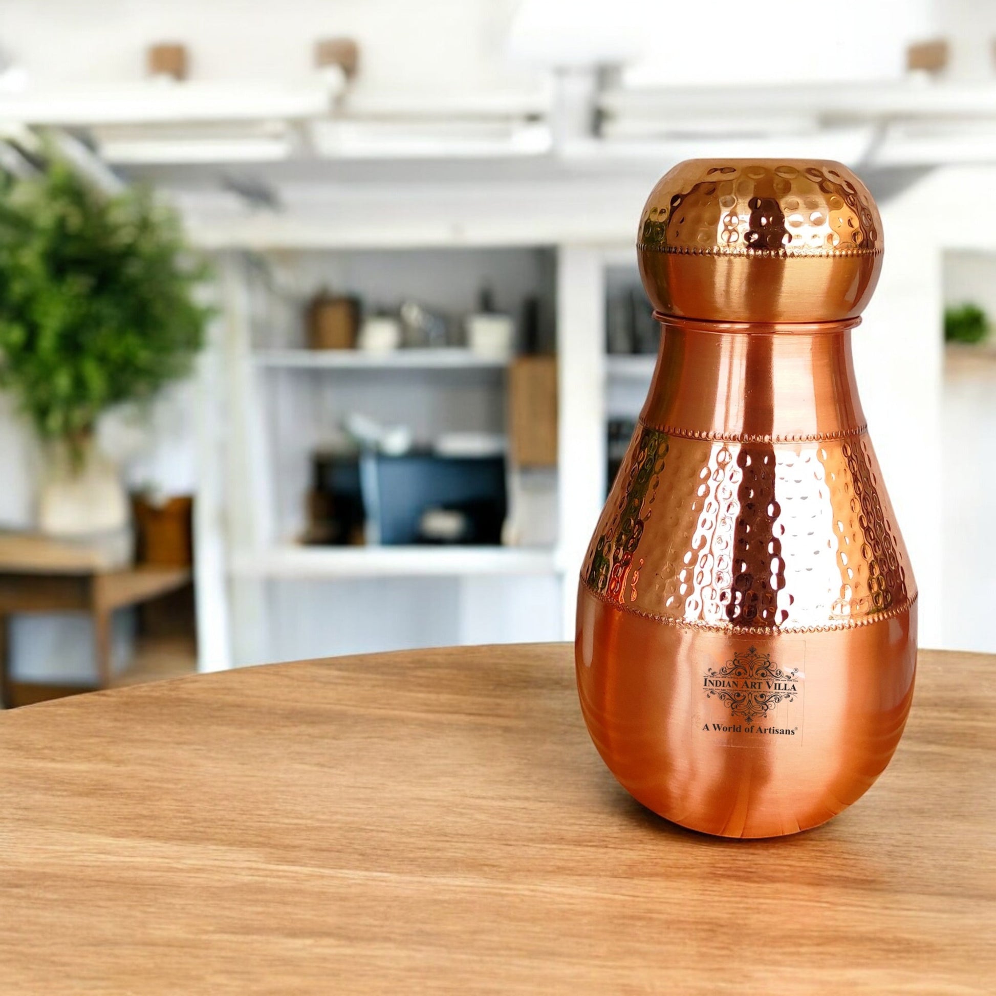 Pure Copper Hammered Design Bedroom Water Bottle with Inbuilt Glass