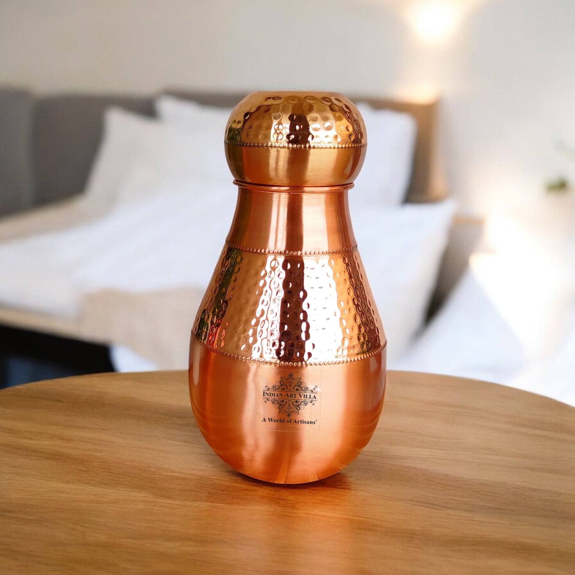 Pure Copper Hammered Design Bedroom Water Bottle with Inbuilt Glass
