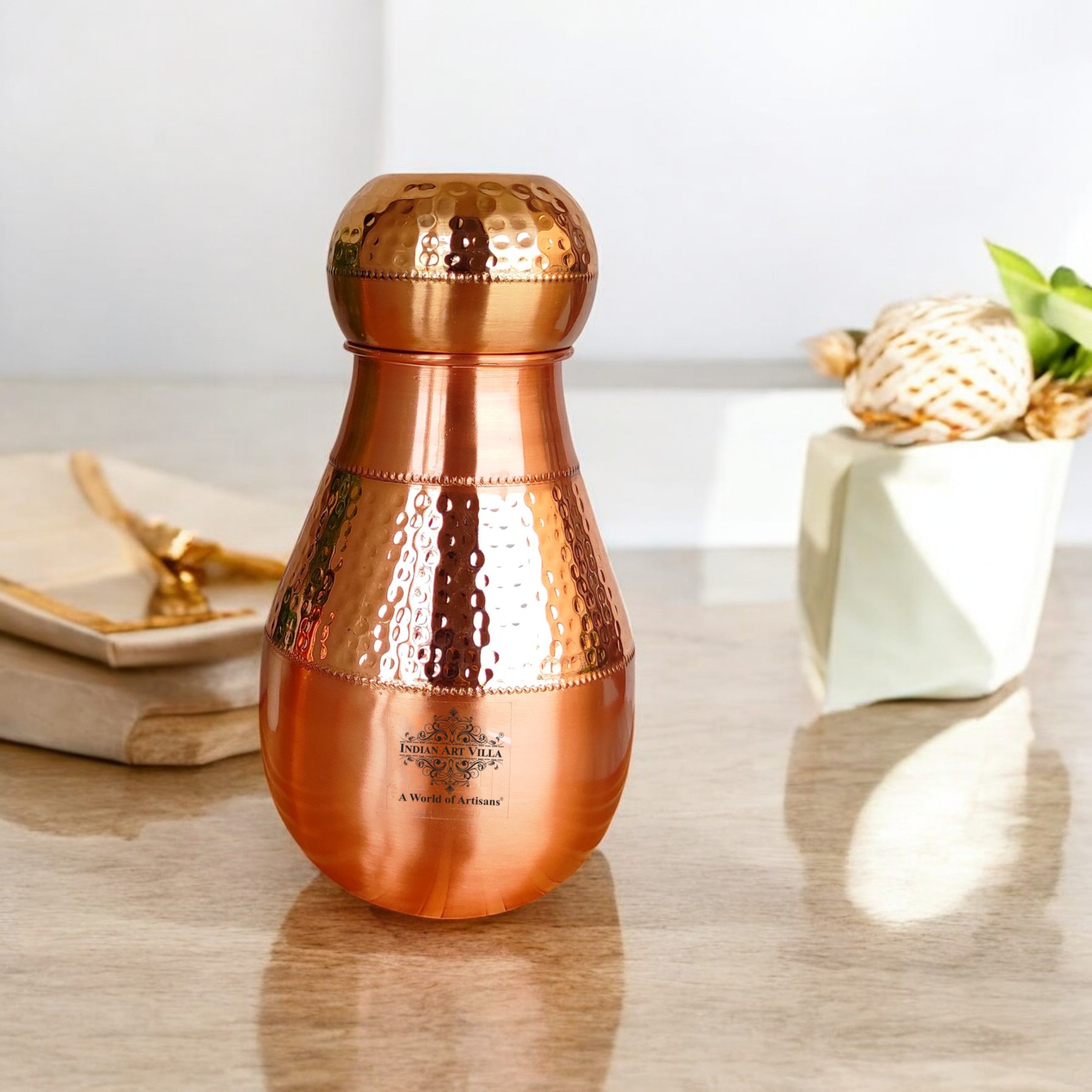 Pure Copper Hammered Design Bedroom Water Bottle with Inbuilt Glass