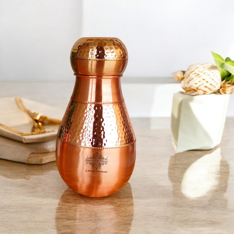 Pure Copper Hammered Design Bedroom Water Bottle with Inbuilt Glass