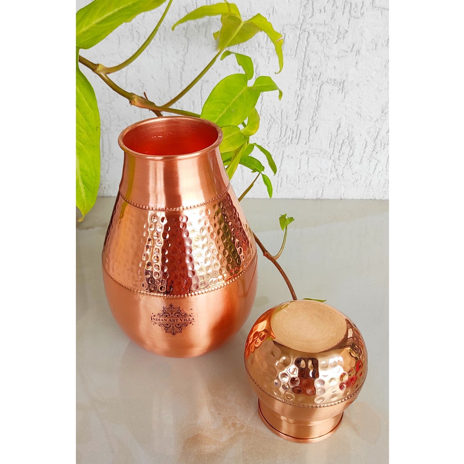 Pure Copper Hammered Design Bedroom Water Bottle with Inbuilt Glass