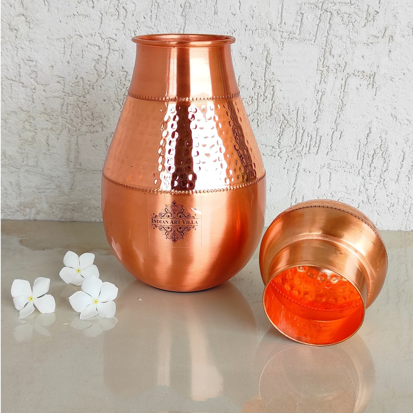 Pure Copper Hammered Design Bedroom Water Bottle with Inbuilt Glass