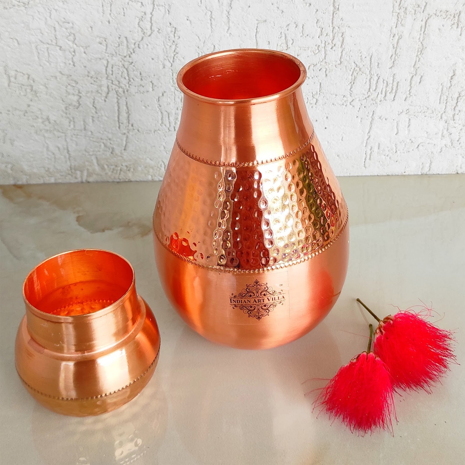 Pure Copper Hammered Design Bedroom Water Bottle with Inbuilt Glass