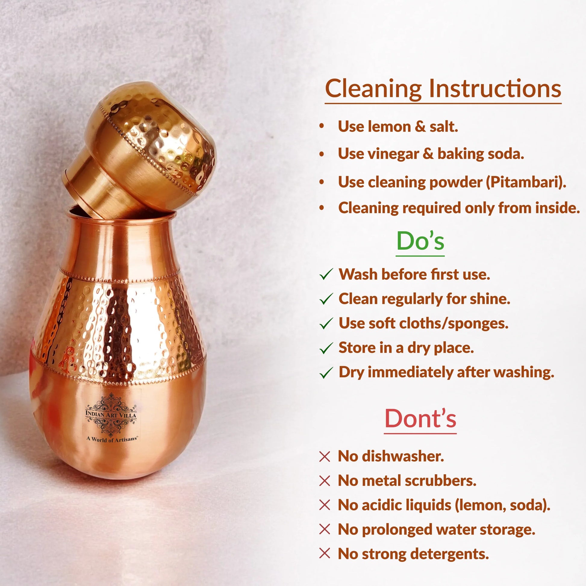 Pure Copper Hammered Design Bedroom Water Bottle with Inbuilt Glass