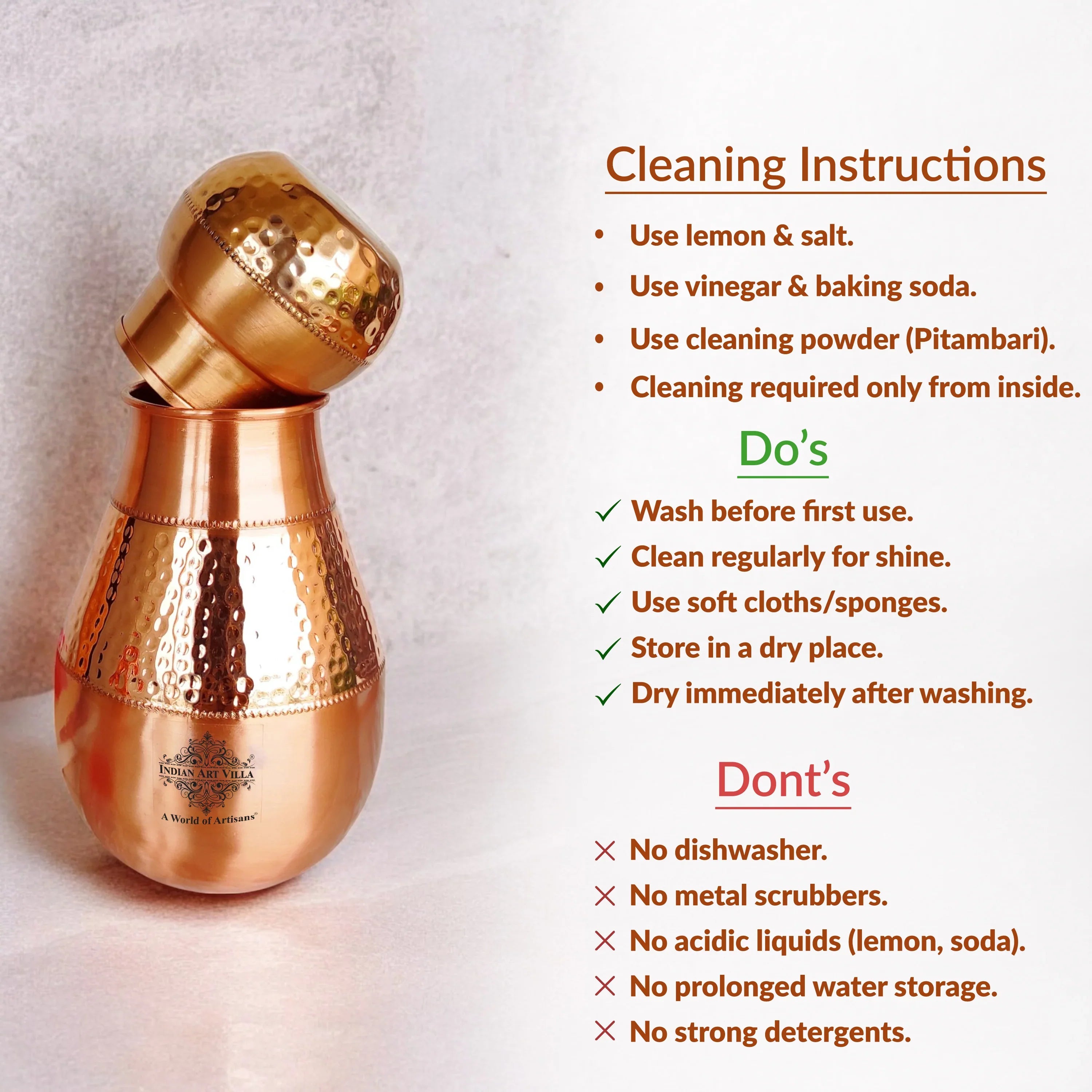 Pure Copper Hammered Design Bedroom Water Bottle with Inbuilt Glass