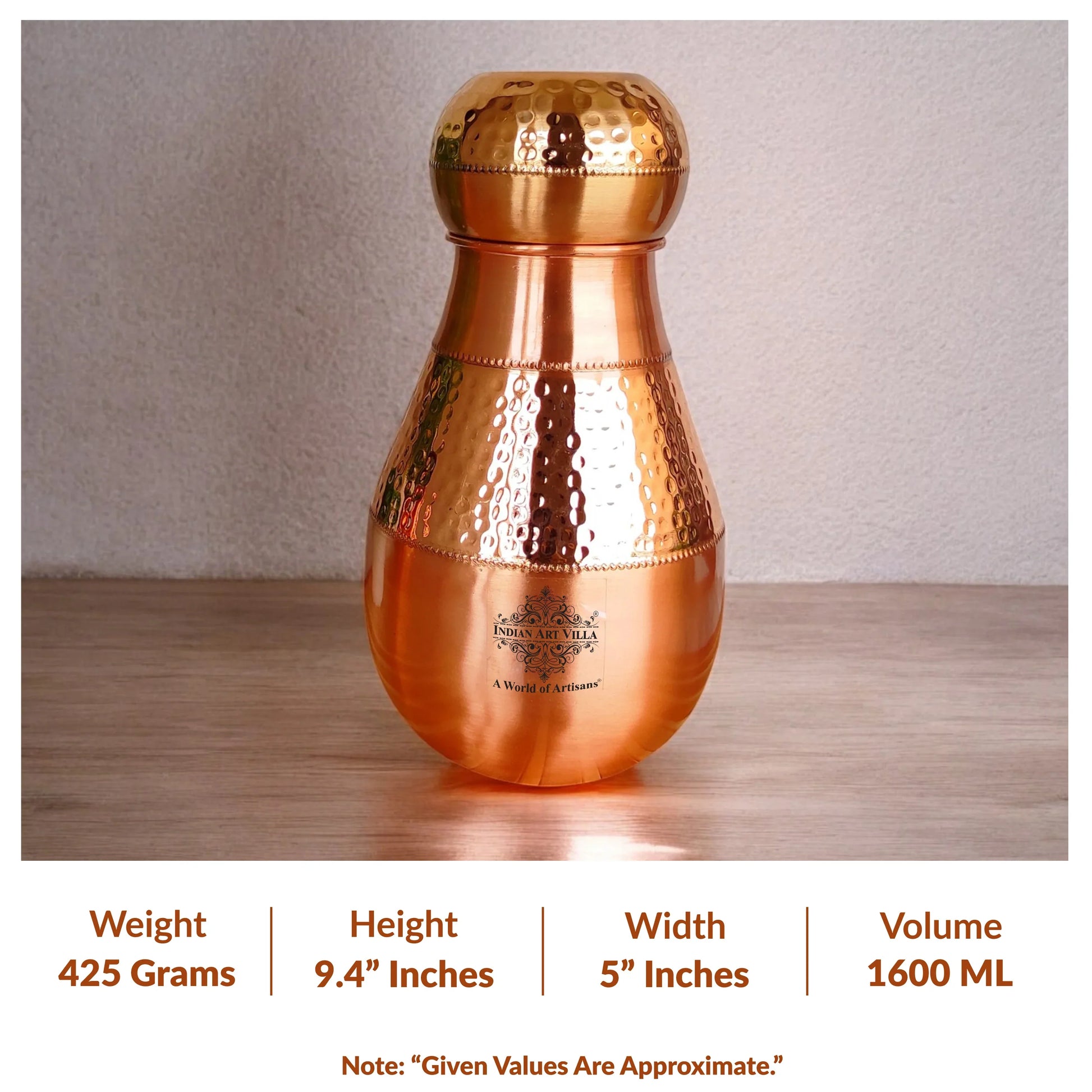 Pure Copper Hammered Design Bedroom Water Bottle with Inbuilt Glass