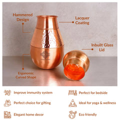 Pure Copper Hammered Design Bedroom Water Bottle with Inbuilt Glass