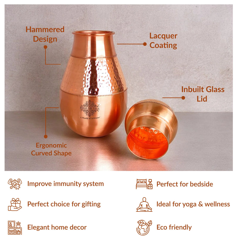 Pure Copper Hammered Design Bedroom Water Bottle with Inbuilt Glass