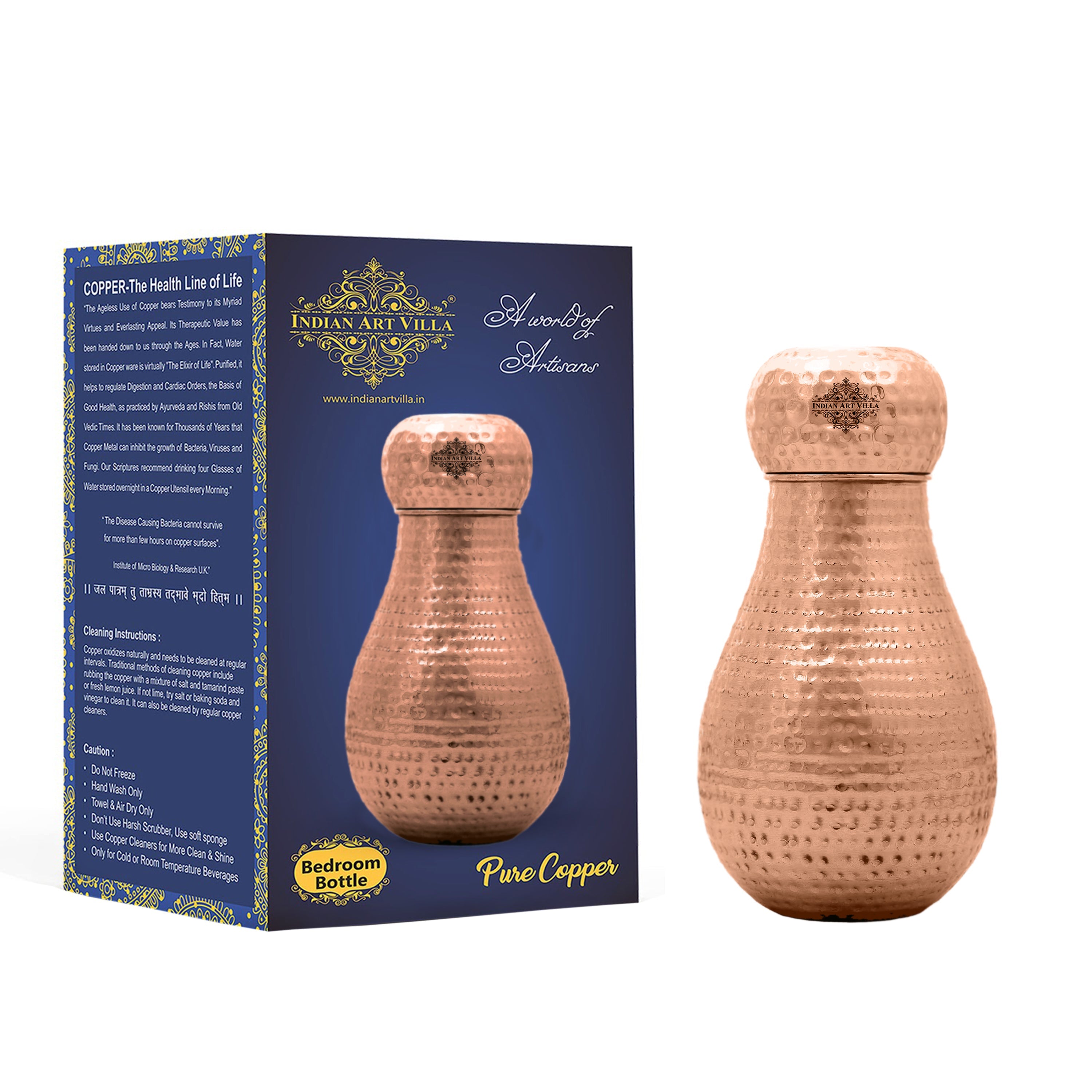 Pure Copper Hammered Design Bedroom Water Bottle with Inbuilt Glass