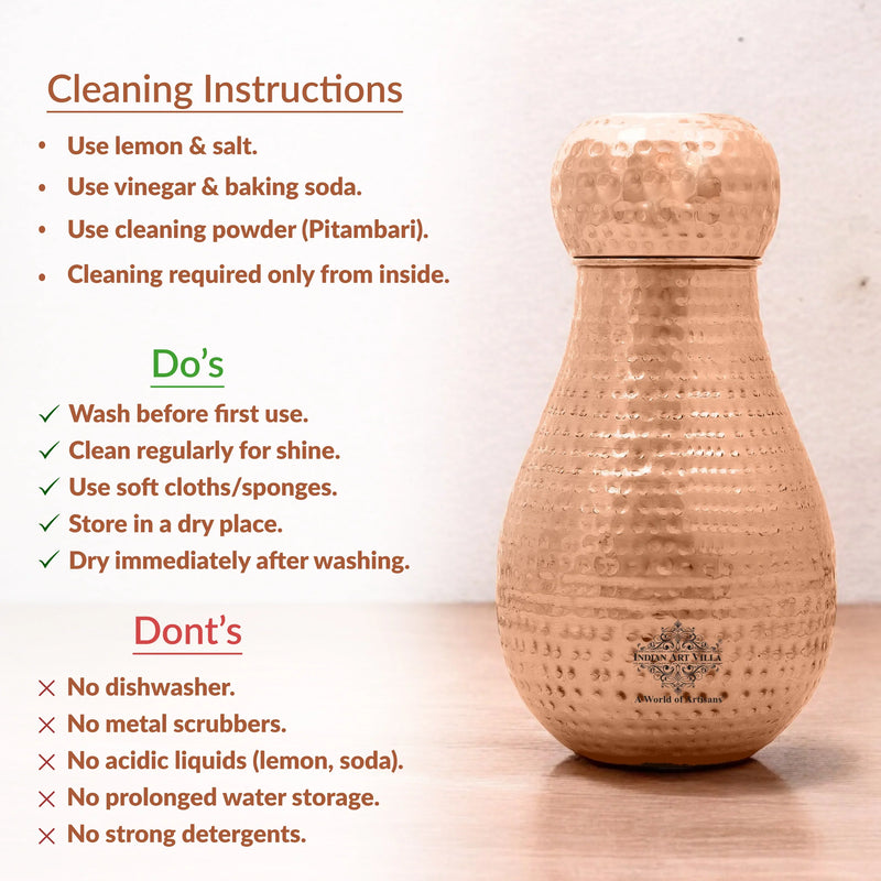 Pure Copper Hammered Design Bedroom Water Bottle with Inbuilt Glass