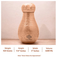 Pure Copper Hammered Design Bedroom Water Bottle with Inbuilt Glass