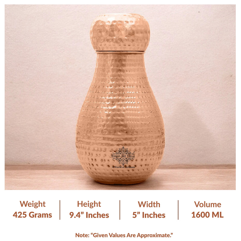 Pure Copper Hammered Design Bedroom Water Bottle with Inbuilt Glass